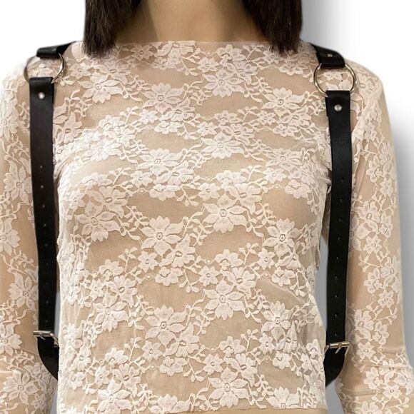 Black Wide Strap Silver Metal Chest Body Harness Belt - NEW - Picture 3 of 6